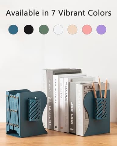 Kingsmile Book Ends, Adjustable Bookends for Shelves, Metal Bookends for Heavy Books, Book Stopper Organzier with Pen Holder for Desk, Kids Room, Office, Classroom, Library, Study Room.(Blue) - Image 5
