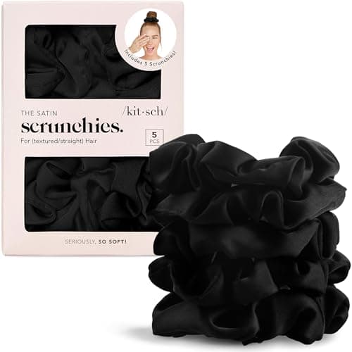 Kitsch Satin Scrunchies for Women – No Crease Hair Ties – Soft Satin Hair Scrunchies for Girls – Frizz Free, Gentle, Stylish Hair Accessories | Ideal Gifts for Women – Black, 5 pcs - Image 1