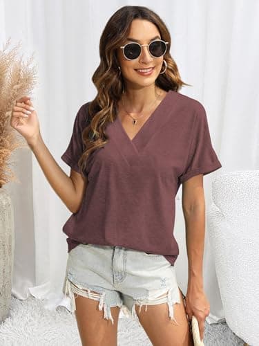 EyMuse 2 PCS T Shirts Short Sleeve V Neck Tees Tops for Women Fashion Trendy Lightweight Soft Casual Summer Outfits Clothes 2025,Rose+Redwood,XXL - Image 5