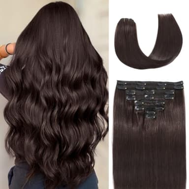 Nuzusa Clip in Hair Extensions Real Human Hair,100% Seamless Invisible Remy Human Hair Silky Straight,Clip Extensions for Women, 8pcs Per Set with Double Weft,2 Dark Brown,26inch 130g/4.6oz - Image 1