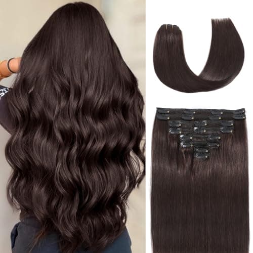 Nuzusa Clip in Hair Extensions Real Human Hair,100% Seamless Invisible Remy Human Hair Silky Straight,Clip Extensions for Women, 8pcs Per Set with Double Weft,2 Dark Brown,26inch 130g/4.6oz
