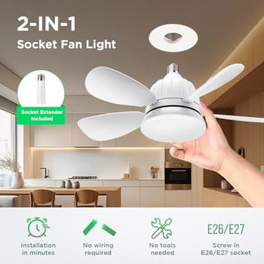 OSTIVE Socket Fan Light with Remote: 18'' Small Ceiling Fans with Lights, 2000 Lumens Dimmable Led Bulb, 3 Colors 3000K-6500K, Easy Install Screw in E26 Base for Bedroom Living Room Kitchen Garage - Image 3