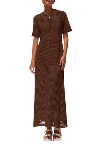 PRETTYGARDEN Womens Eyelet Cover Up Dress 2025 Summer Vacation Resort Maxi Dresses Beach Short Sleeve Hollow Out Sundress (Brown,Medium) - Image 1