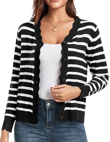 GRECERELLE Women's Long Sleeve Button Down Cardigan V-Neck Fall Shrug Sweaters,Black White Striped, Medium - Image 1