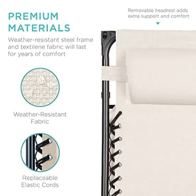 Best Choice Products Folding Zero Gravity Outdoor Recliner Patio Lounge Chair w/Adjustable Canopy Shade, Headrest, Side Accessory Tray, Textilene Mesh - Ivory - Image 6