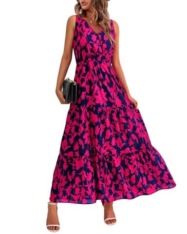 BTFBM Women Summer Dresses Casual Sleeveless Maxi Dresses Cute Floral Long Dress Wedding Guest Dress(Navy Rose Red Flower,Large) - Image 1
