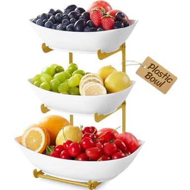 Lifewit Plastic Fruit Bowl Basket for Kitchen Countertop, 3 Tier Fruit Holder with Gold Metal Stand, Serving Tray for Food, Vegetable, Cake, Dessert in Party - Image 1