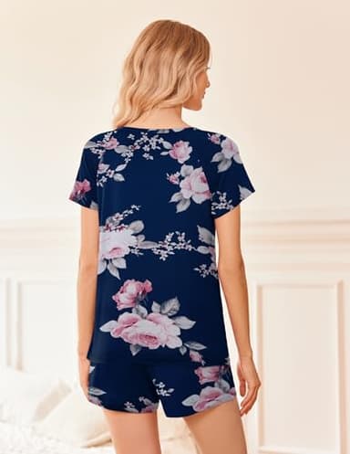 Ekouaer Summer Sleepwear for Women 2 Piece Pajama Set Short Sleeve Sleep Sets Classic Round Neck Pjs with Pockets Red Flowers/Navy Flowers,Medium - Image 4