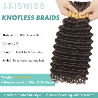 LEISWISS Boho Human Braiding Hair Curly 150g 22 Inch 6 Bundles/Pack Human Braiding Hair for Boho Braids Virgin Hair Extensions 12A Wet And Wavy Deep Wave Bulk Human Hair for Braiding - Image 2