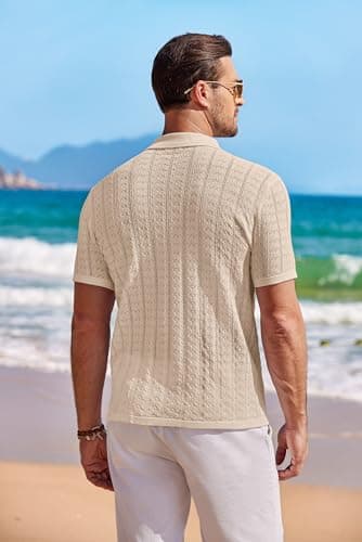 COOFANDY Men's Knit Button Down Shirt Short Sleeve Vintage Polo Shirts Summer Casual Beach Tops Light Khaki - Image 3