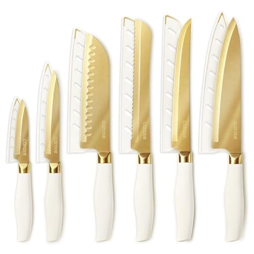 CAROTE 12PCS Kitchen Knife Set, Healthy Gold Titanium Coating Knife Set, Dishwasher Safe with 6 Blade Guards, Rustproof Stainless Steel Cutlery Set, White and Gold - Image 1