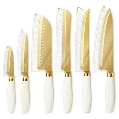CAROTE 12PCS Kitchen Knife Set, Healthy Gold Titanium Coating Knife Set, Dishwasher Safe with 6 Blade Guards, Rustproof Stainless Steel Cutlery Set, White and Gold - Image 1