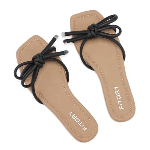 FITORY Women's Flat Sandals Square Open Toe Thong with Cute Knot for Summer Size 7 Black - Image 1