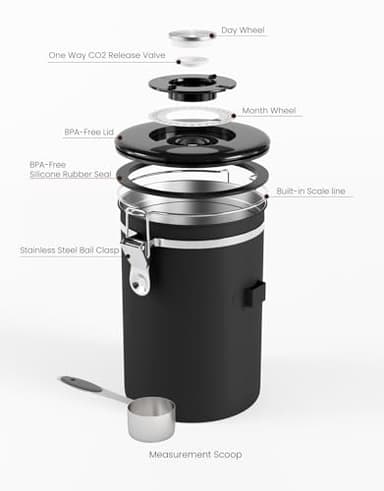 HAIOOU Large Coffee Canister, 38OZ Oversized Stainless Steel Coffee Bean Storage Container with Date Tracker, Measuring Scoop, CO2 Releasing Valves for Beans, Grounds and more - Black - Image 4