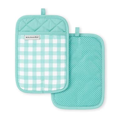 KitchenAid Gingham Pot Holder 2-Pack Set, Aqua Sky, 7"x10" - Image 1