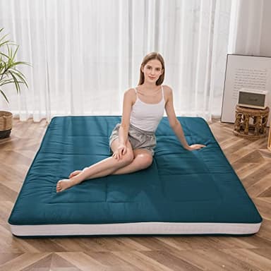 MAXYOYO Futon Mattress, Padded Japanese Floor Mattress Quilted Bed Mattress Topper, Extra Thick Folding Sleeping Pad Breathable Floor Lounger Guest Bed for Camping Couch, Bluestone, Queen - Image 2