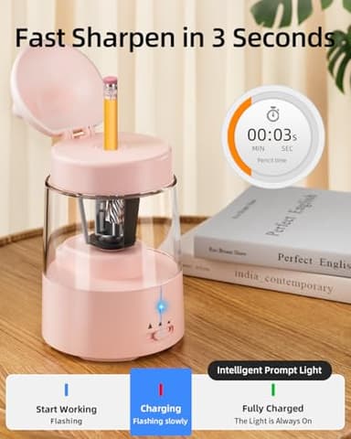 ZMOL Electric Pencil Sharpeners, Colored Pencil Sharpener for Kids, Auto Stop, Rechargeable Pencil Sharpener for Battery Powered Cute No.2/Colored Pencils (6-8mm), Classroom/Office/Home (Pink) - Image 6