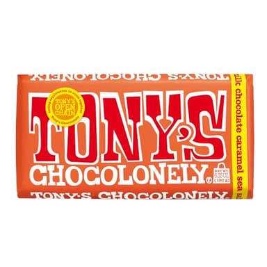 Tony’s Chocolonely Belgian Milk Chocolate Candy Bar With Caramel & Sea Salt for Snacks, Chocolate Bar for Party Favors, Gifts, or Gift Basket, 32% Cacao, Made From Quality Fairtrade Cocoa, 6.35 Oz - Image 1