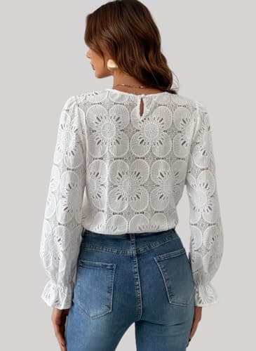 CUPSHE Women Eyelet Long Sleeve Tops Shirts Dressy Hollow Out Crochet Lace Embroidered Blouses 2025 Fashion Top White - Image 5
