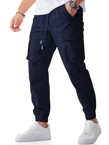 JMIERR Men's Casual Pants Comfy Slim Fit Elastic Waist Drawstring Stretch Tapered Athletic Work Hiking Workout Lightweight Cargo Joggers Sweatpants with Pockets Fall Clothing, S, Navy Blue - Image 1