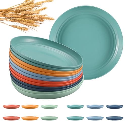 HEYCOME 12 Pcs Unbreakable Deep Dinner Plates Set, 10 inch Reusable Plastic Wheat Straw Plates, Microwave and Dishwasher Safe Plate for Kitchen, Lightweight Plate for Dessert, BPA Free, 6 Colors - Image 1