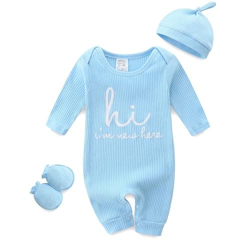 Bibimom Infant Boy Clothes 0-3 Months Knit Round Crew Neck Snap Closure Blue Romper - Image 1