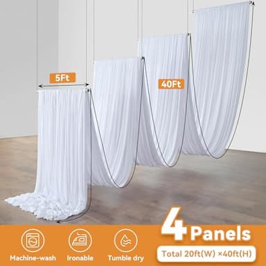 4 Panels 5x40ft White Ceiling Drapes for Wedding, Wrinkle Free Thick Polyester 40ft Long Canopy Tent Ceiling Draping Curtains Arch Drapery for Birthday Party Event Venue Decoration - Image 6