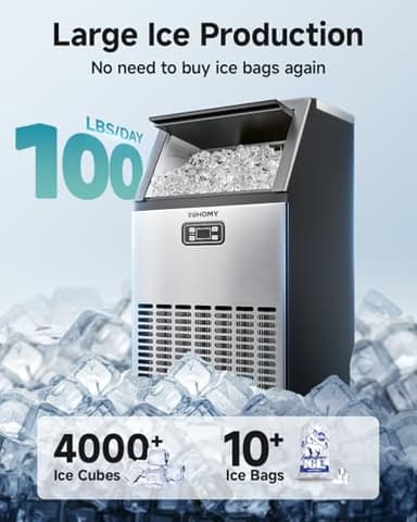 EUHOMY Commercial Ice Maker Machine, 100lbs/24H Stainless Steel Under Counter ice Machine with 33lbs Ice Storage Capacity, Freestanding Ice Maker. - Image 2