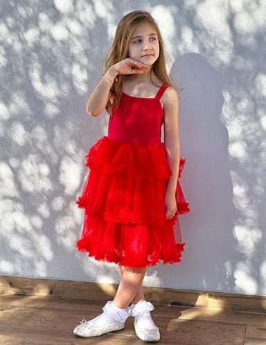 Arshiner Toddler Girls Tulle Dress Red Tutu Dresses for Girl Birthday Party Princess Outfit Layered Ruffle Fluffy Sleeveless Ball Gown Summer Clothes 4-5T - Image 3