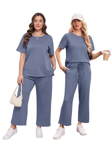 XIEERDUO Two Piece Travel Outfits for Women 2 Pc Lounge Set Casual Summer Tracksuit Wide Leg Loungewear Short Sleeve Track Suit Women's Jumpsuit Fashion Spring Vacation Clothes Blue XL - Image 4