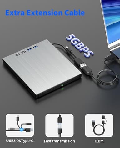 juwuoi External Blu ray Drive for Laptop Portable Blu Ray Burner USB 3.0 Type-C CD/BD Disc Drives Support 100G Bluray/DVD Drive for PC Compatible with Windows Linux Mac OS - Image 6