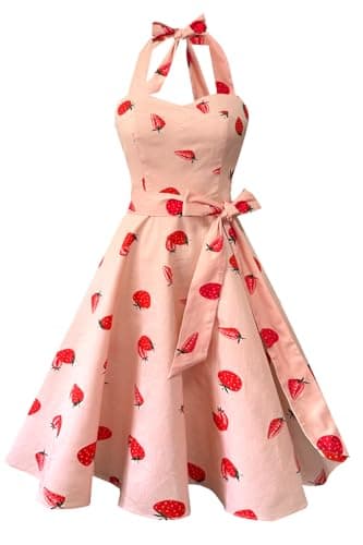 Topdress Women's Vintage Polka Audrey Dress 1950s Halter Retro Cocktail Dress Strawberry L - Image 1