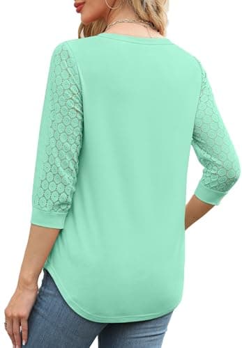 V Neck Blouses for Women Dressy Casual Lace 3/4 Sleeve Summer Spring Tops for Women 2025 Business Casual Aqua L - Image 3
