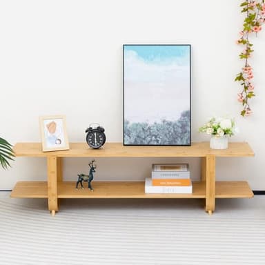 HollyHOME Bamboo TV Stand with Storage for TVs up to 65'', Modern Entertainment Center with 2 Open Shelf, Accent TV Media Console Table for Living Room, Bedroom, 55"(L), Burlywood - Image 8