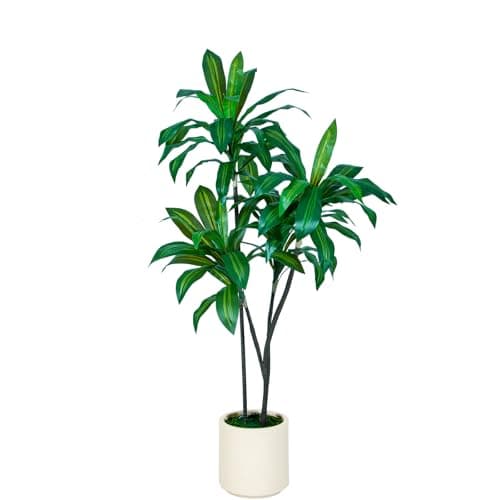 VIVATREES 5FT Tall Faux Dracaena Tree with White Tall Planter, Artificial Plants with Natural Wood Trunk and Lifelike Leaves for Home Office Decor, Green - Image 1
