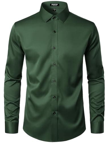 JEMITOP Men's Stretch Wrinkle Free Dress Shirts Formal Wedding Prom Long Sleeve Button Down Shirt Dark Green M - Image 2