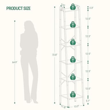 Hzuaneri Ladder Shelf, Bookshelf Bookcase, Freestanding Corner Storage Shelve with 2 Hooks for Home Office, Living Room, Kitchen, Bedroom, Industrial, 6-Tier White BC13313W - Image 2