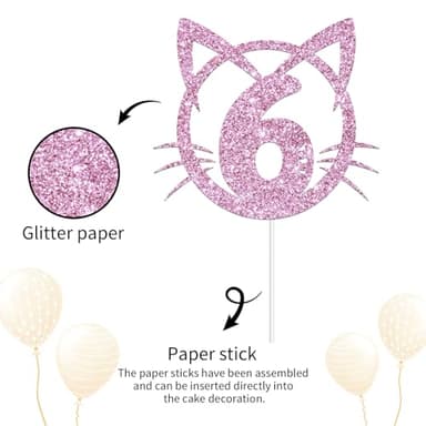 YHEZXUN Cat 6 Cake Topper, Six Birthday Cake Decoration, Pet Cat Kitty Theme 6 Years Old Cake Topper Pink Glitter Cute Party Supplies - Image 3