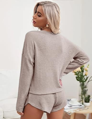 Ekouaer Womens Waffle Knit Pajama Sets Long Sleeve Top and Shorts Matching Lounge Set Sleepwear Loungewear Sweatsuit with Pockets A-Light Khaki Medium - Image 3
