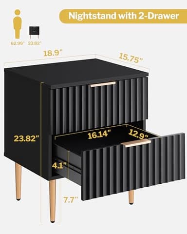 SICOTAS Black Night Stand Set 2, Fluted Glossy Nightstand with 2 Drawers, Wide Modern Storage Bedside Table for Bedroom, End Side Table with Golden Metal Legs and Handles (Black, 2 Pieces) - Image 2