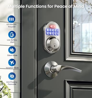 Veise Keyless Entry Door Lock with 2 Lever Handles - Electronic Keypad Deadbolt, Auto Lock, Back Lit & Easy Installation Design, Front Door Handle Sets, Satin Nickel - Image 4