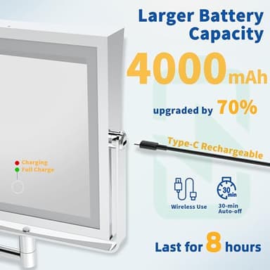 Ruacq Rechargeable Wall Mounted Makeup Mirror with Lights, Double Sided 1X/10X Magnifying Vanity Mirror with 3 Color Lighting, Touch Screen Dimmable, 360° Rotation Extension Foldable Arm(Chrome) - Image 3