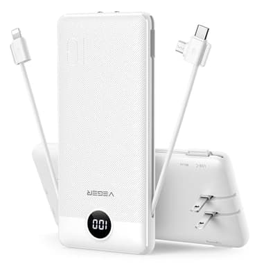 VEGER Portable Charger with Built-in AC Plug and Cables, All in One 10000mAh Ultra Slim Power Bank Travel Essentials, 15W Fast Charging Battery Pack Compatible with iPhone, Samsung, Android (White) - Image 1