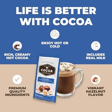 Cocoa Classics Hazelnut Cocoa Mix, Hot Chocolate, Made with Nonfat Milk, Just Add Hot Water, Make Hot or Iced Cocoa, Gluten Free & Kosher Dairy Friendly, 1.25oz Packets (Pack of 36) - Image 4