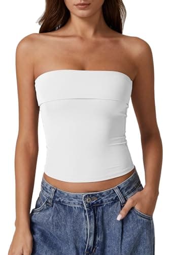 QINSEN Tube Tops for Women Summer Double Lined Going Out Strapless Tank Tops Basic Bandeau Tops White S - Image 1
