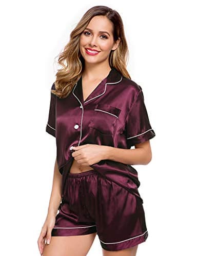 LecGee Womens Silk Satin Pajamas Short Sleeve Loungewear Two-Piece Sleepwear Button-Down Pj Set - Image 3
