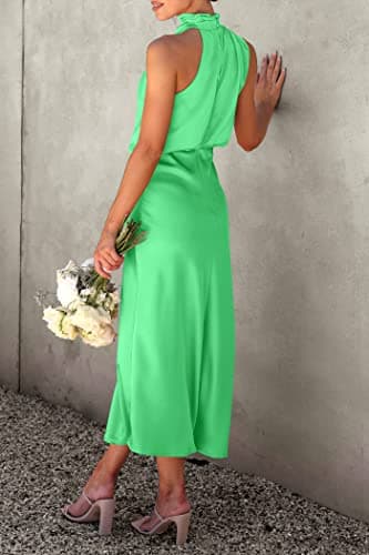 PRETTYGARDEN Women's 2025 Summer Satin Dress Elegant Sleeveless Mock Neck Cocktail Party Maxi Dresses (Grass Green,XX-Large) - Image 3