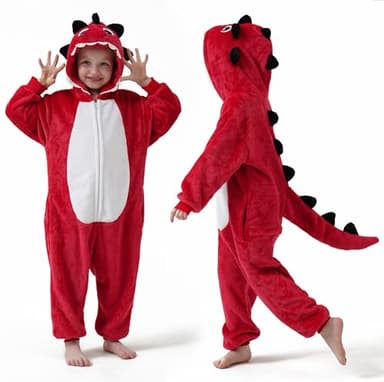 DILUFUN Kids Boys Girls Dinosaur Onesie Costume,One Piece Pajamas,Halloween Funny Animal Onesie Cosplay Costume Sleepwear,Dinosaur RE 7-8Y - Image 1