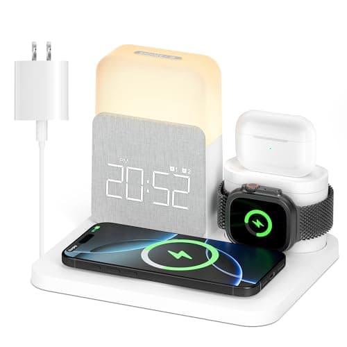 Alarm Clock with Wireless Charger for Bedrooms, 6 in 1 Wireless Charging Station, Magnetic Charger with Night Light Bedside Clock for iPhone 16 15 14 13 12 Pro Max, Apple Watch - Image 1