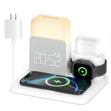 Alarm Clock with Wireless Charger for Bedrooms, 6 in 1 Wireless Charging Station, Magnetic Charger with Night Light Bedside Clock for iPhone 16 15 14 13 12 Pro Max, Apple Watch - Image 1